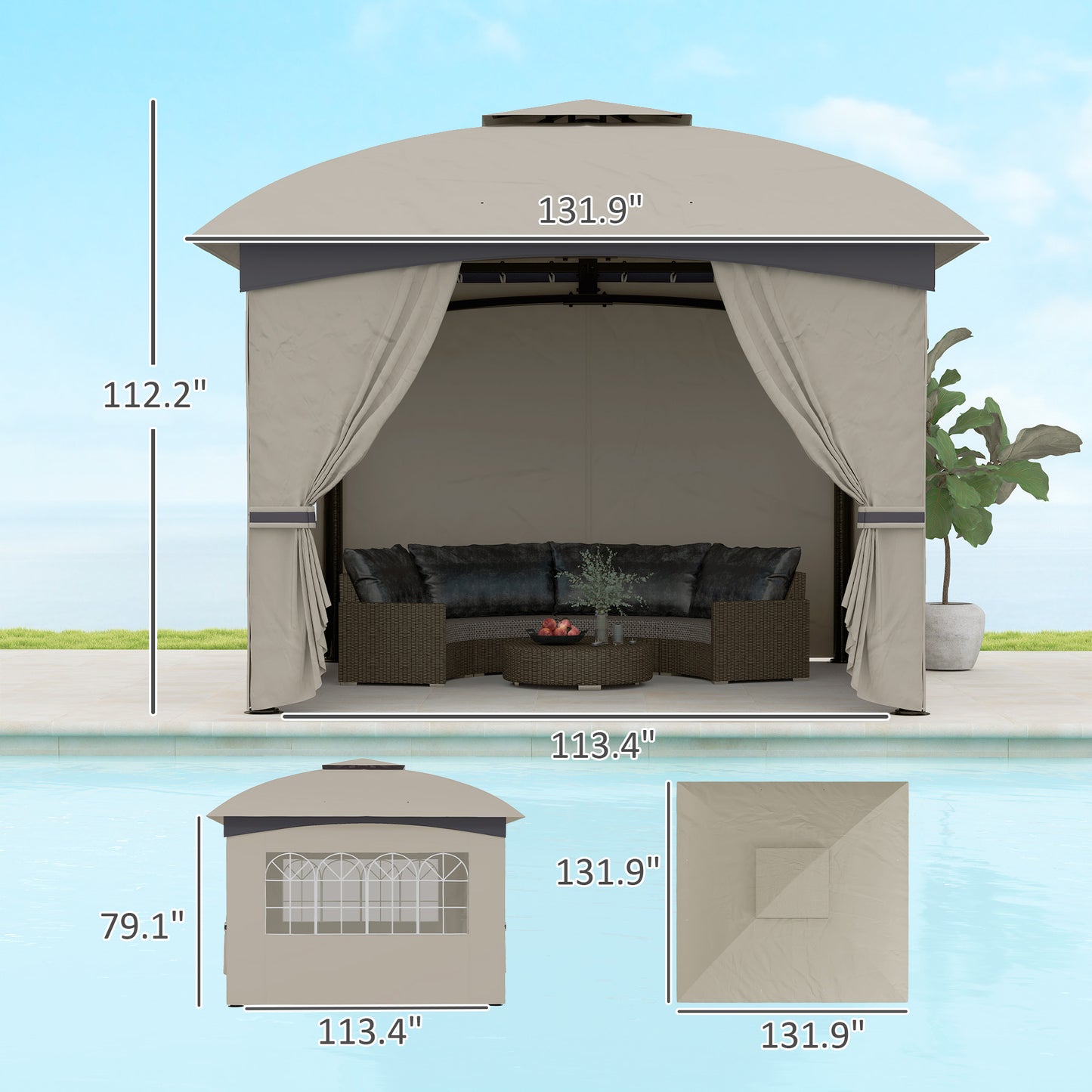 Outdoor Gazebo with Curtains and Church Windows - Light Gray
