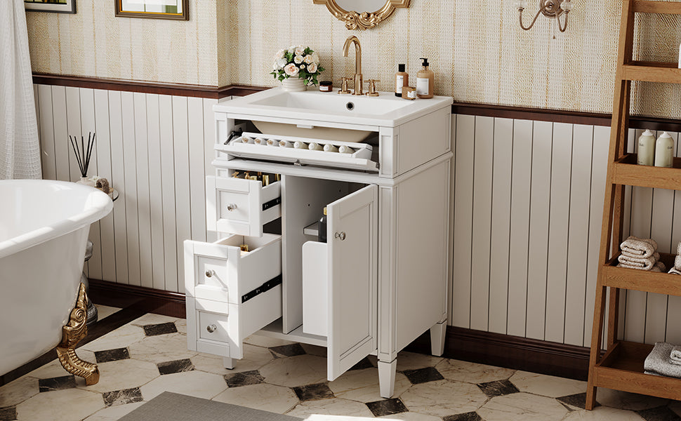 24-Inch Modern Bathroom Vanity with Ceramic Sink & 3 Drawers - White