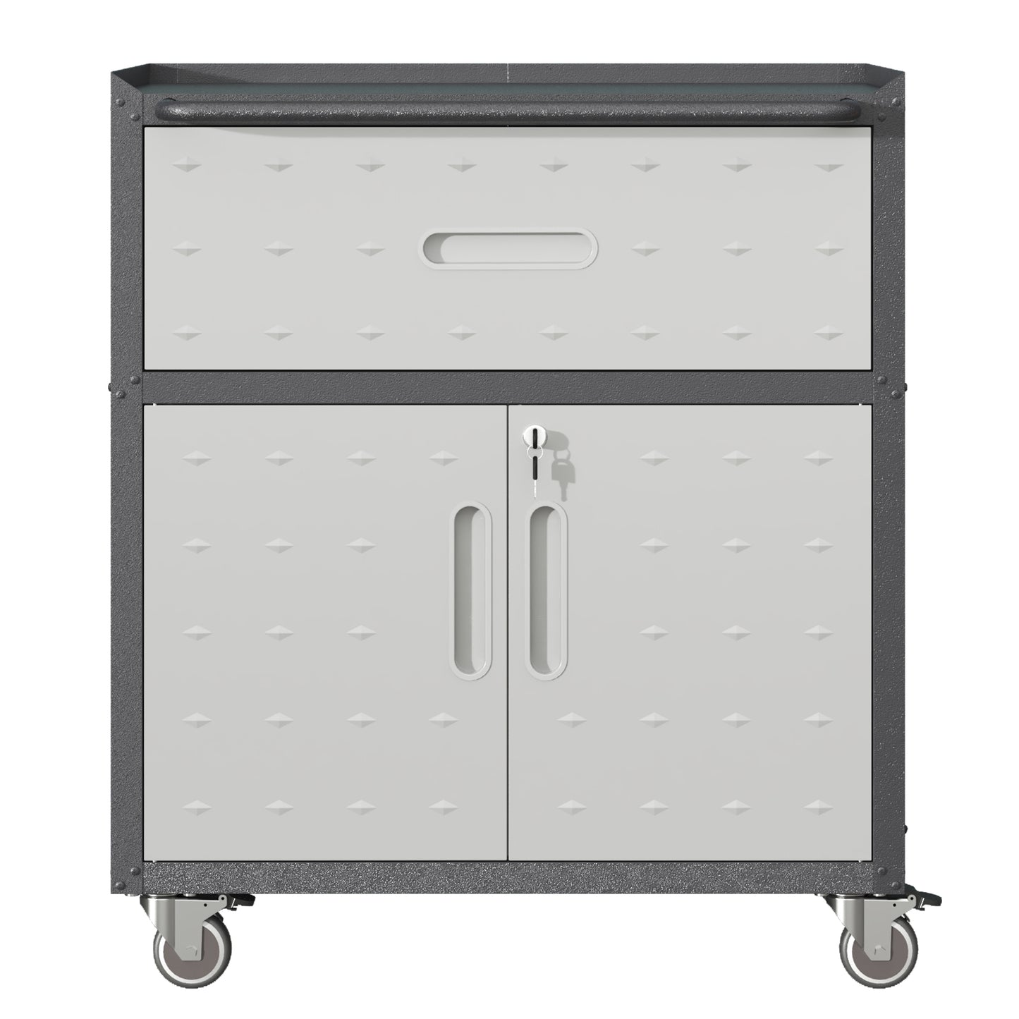 Metal Tool Cabinet with Wheels - Heavy-Duty Storage Unit with Drawer & Locking Doors - Black & Gray