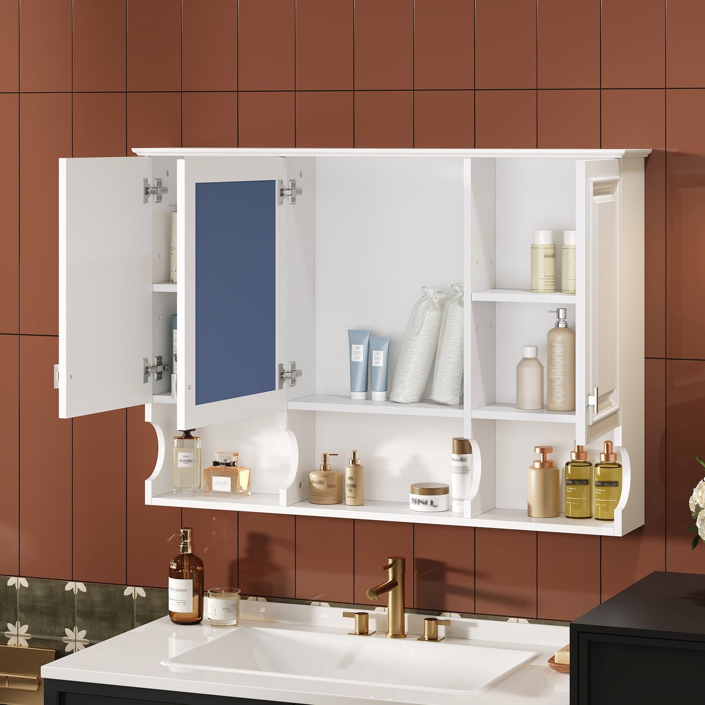 41 Inch Mirror Medicine Cabinet With Open Shelves, Wall Mounted Home