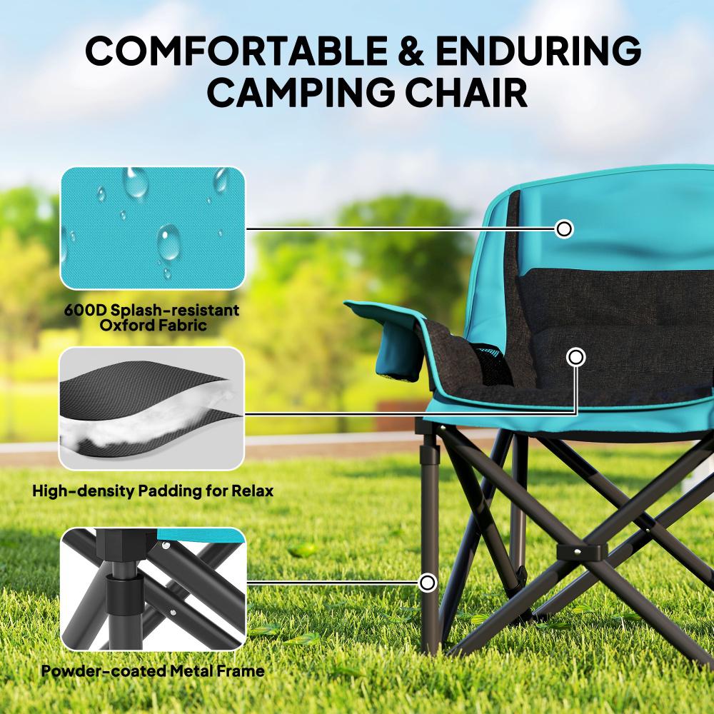 Portable Folding Camping Chair with Cup Holders & Side Pockets - Green & Black
