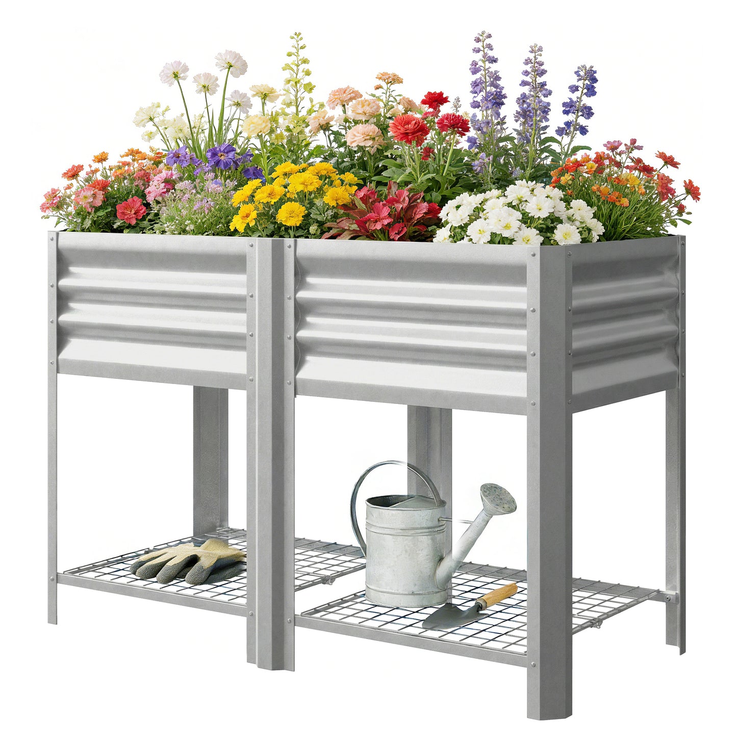 Galvanized Steel Raised Garden Bed with Storage Shelf - 31.5 Inch Height, Silver