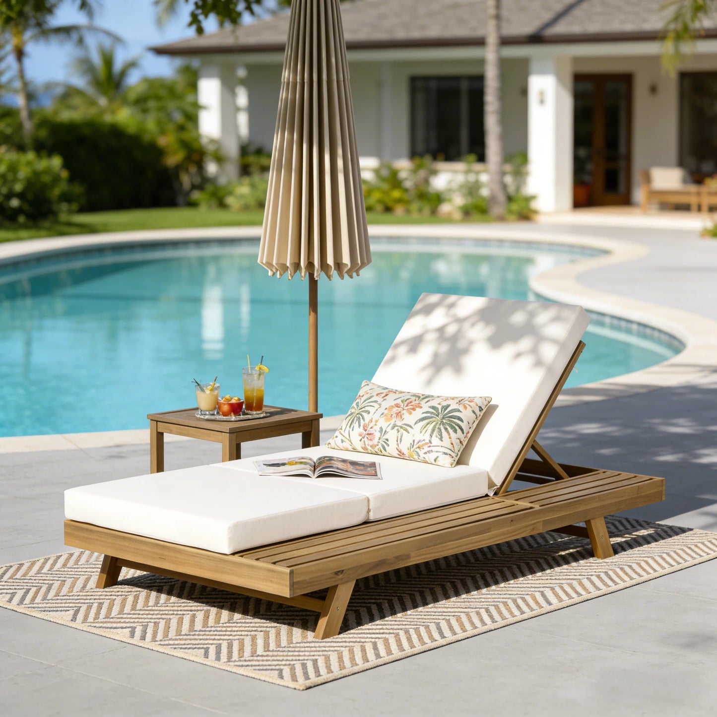 Lounge Chaise Set - Acacia Wood with Cream Cushion, 4-Position