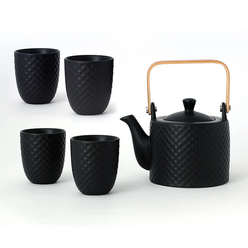 Japanese Ceramic Tea Set with Cups and Pot - White or Black Checkered Finish