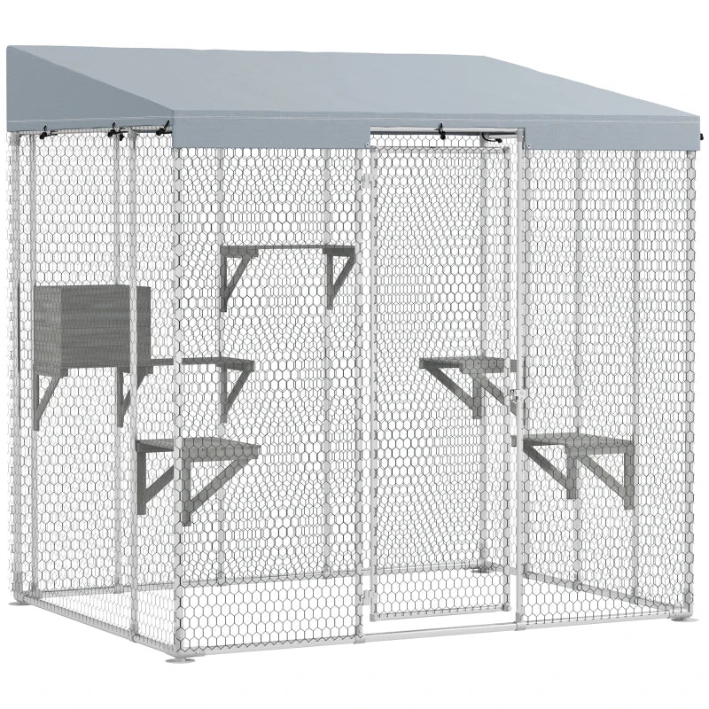 Large Galvanized Steel Catio with Waterproof Canopy & Platforms, Silver