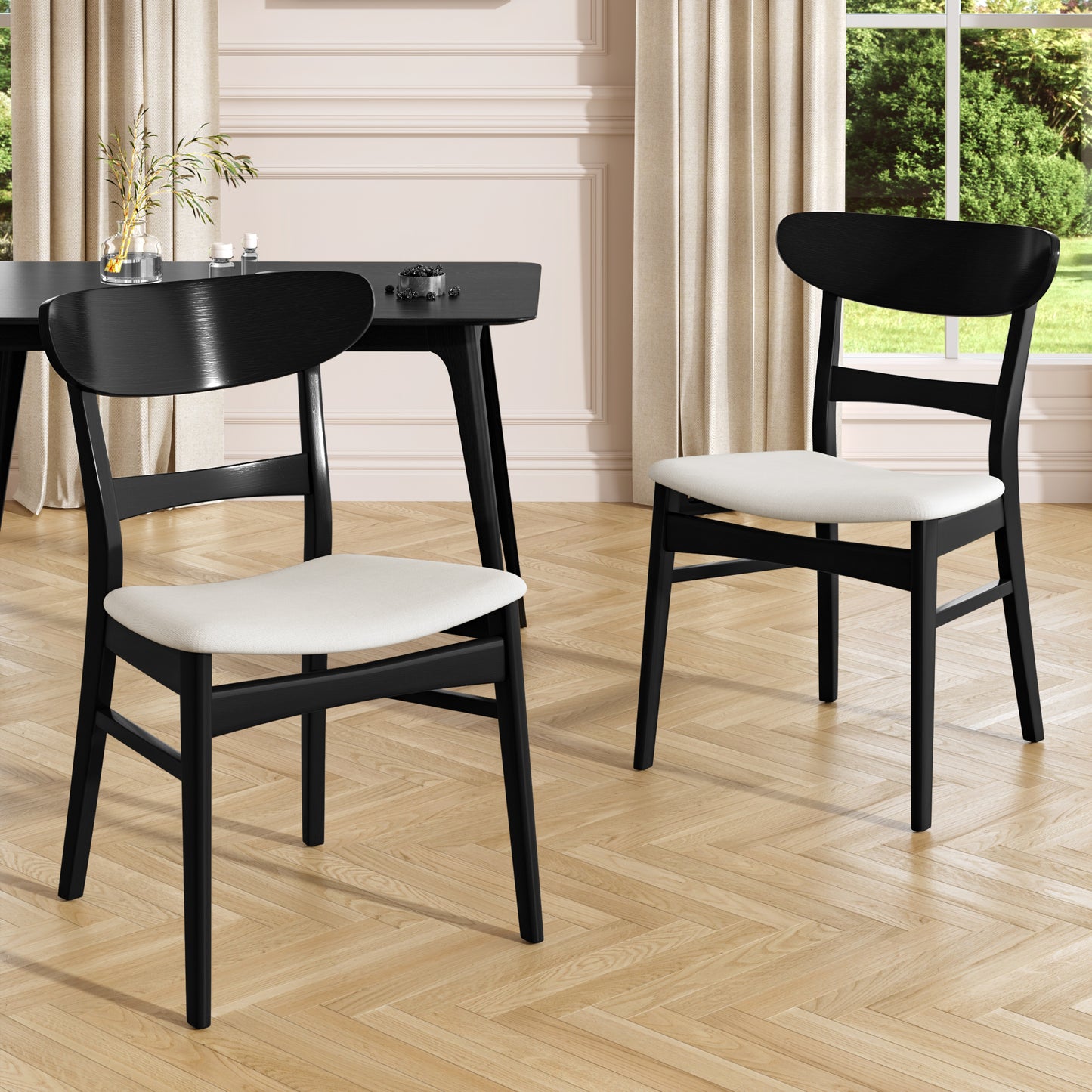 Set of 2 Upholstered Dining Chairs - Rubberwood Legs, Black & Light Beige