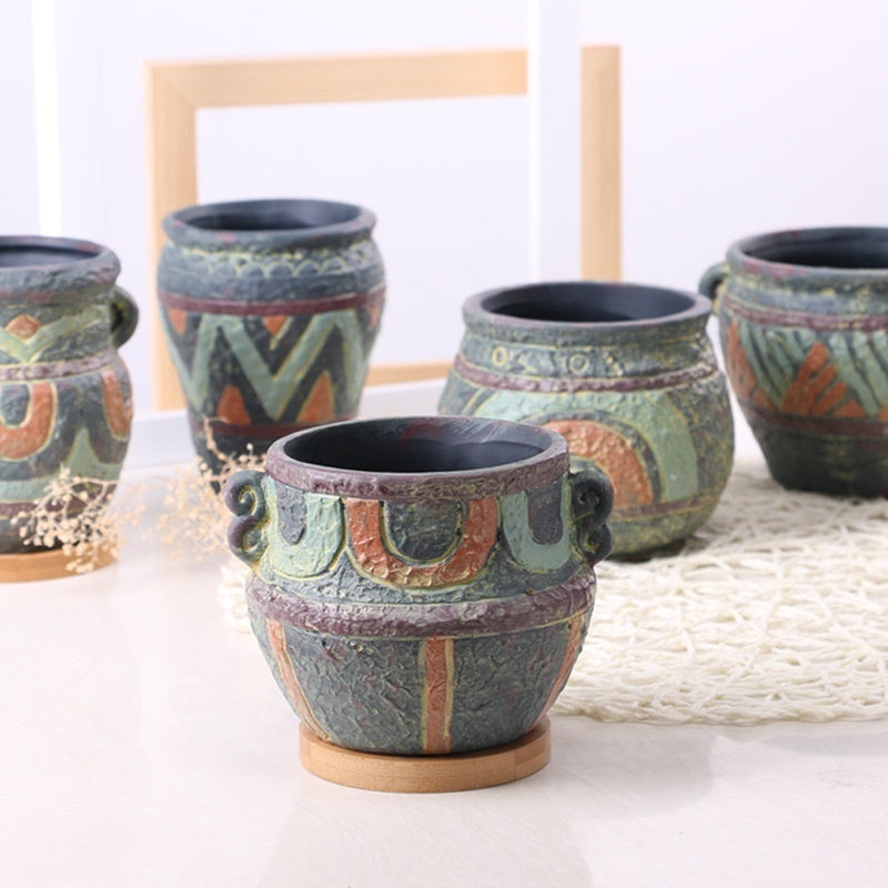 Mediterranean-Style Hand-Painted Ceramic Succulent Pot - Rustic Flower Planter