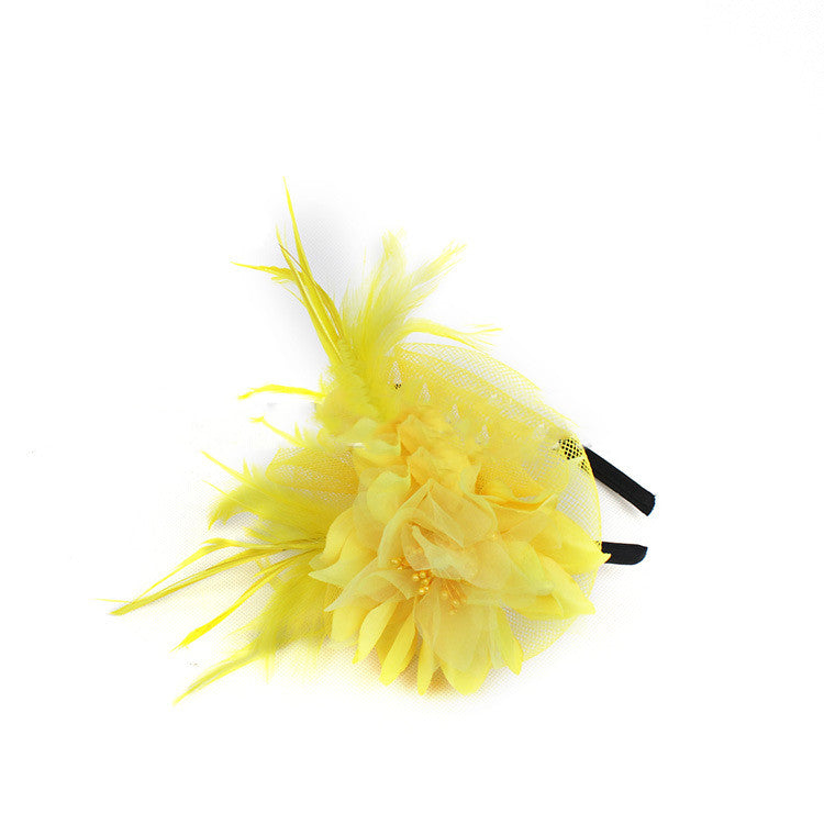 Flower Mesh Feather Headband - Yellow
