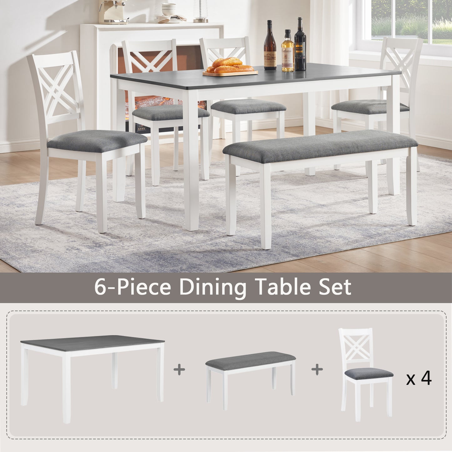 6-Piece Dining Set with Rectangular Table, Chairs & Bench - Grey & White