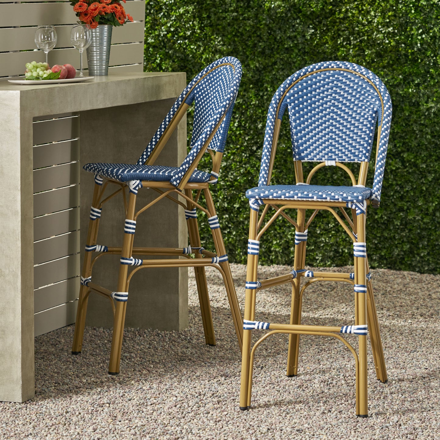 29.5 Outdoor PE Rattan French Barstool, Dark Teal And White, Aluminum
