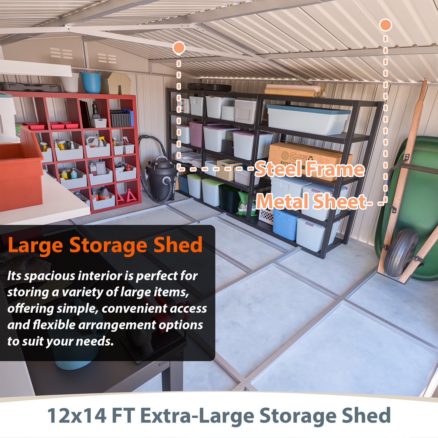 12x14 ft Outdoor Metal Storage Shed - Waterproof Garden Tool Shed