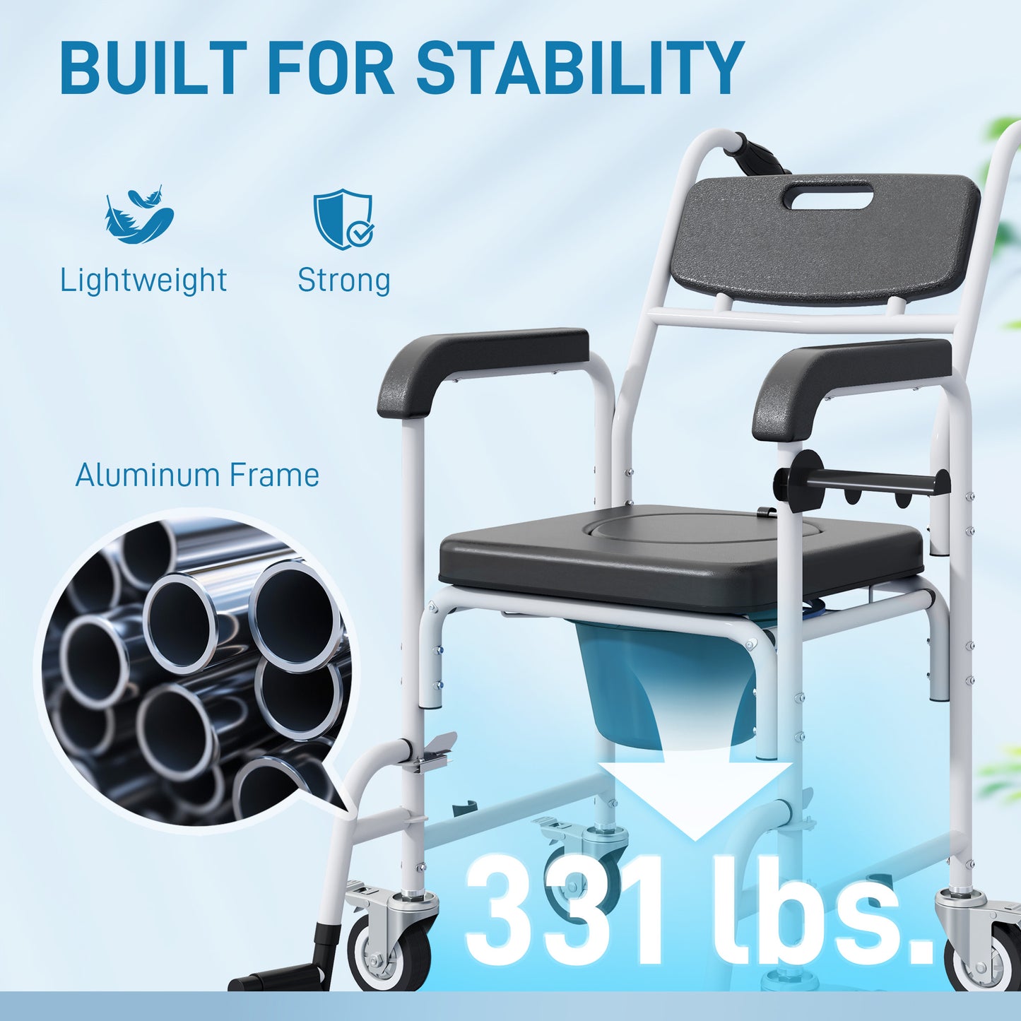 4-in-1 Shower Wheelchair for Seniors - Commode Chair with Locking Wheels, Black