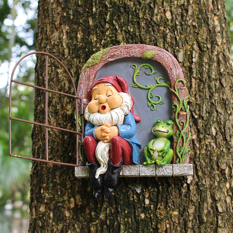 Sleeping Dwarf Door and Window Tree Pendant Resin Craft - Garden Decor