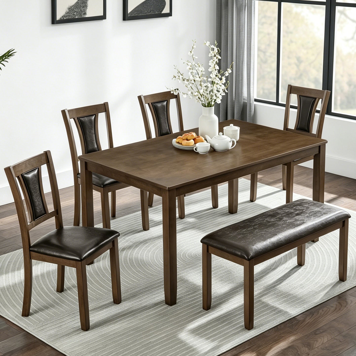 6-Piece Wooden Dining Table Set with Bench & Chairs - Walnut