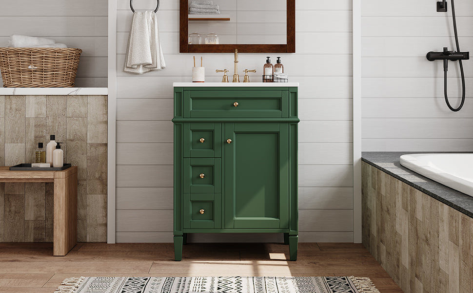 24'' Green Bathroom Vanity with Ceramic Sink & Storage Drawers