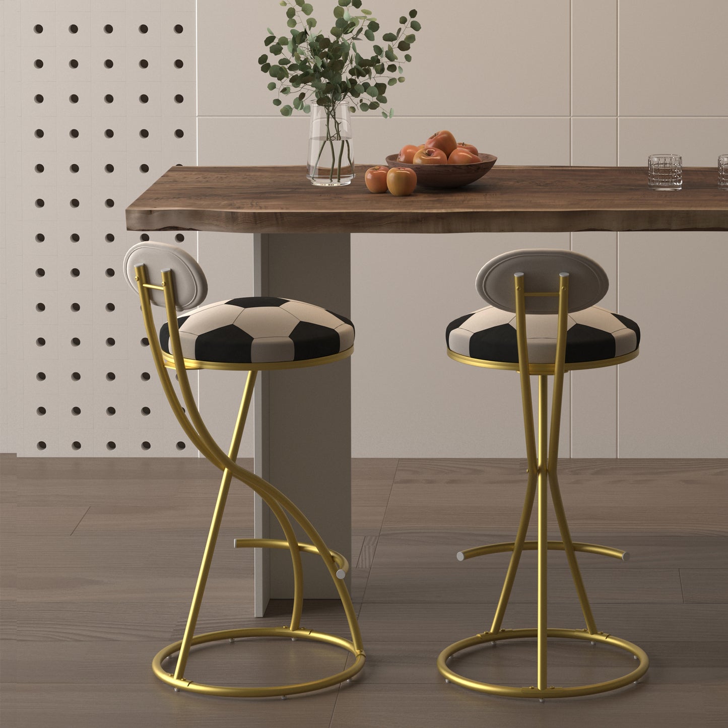 Football Print Bar Stools Set of 2 - Gold & Creamy White