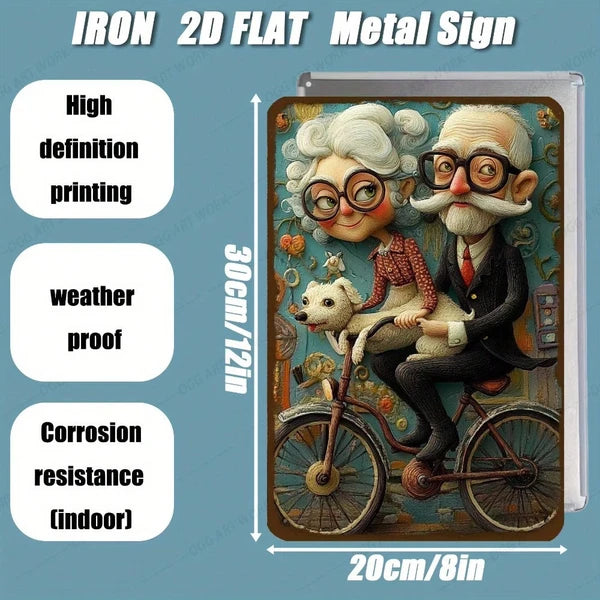 Vintage Metal Wall Art Sign - Retro Bike Couple with Dog