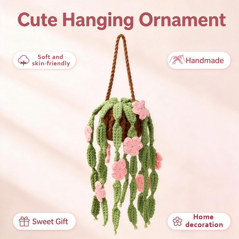 Crochet Hanging Plant Ornament with Pink Blossoms Indoor Home Decor