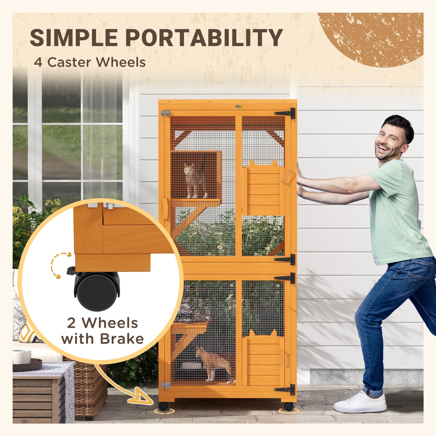 Large Wooden Cat House with Wheels - Enclosure for 1-3 Cats, Orange