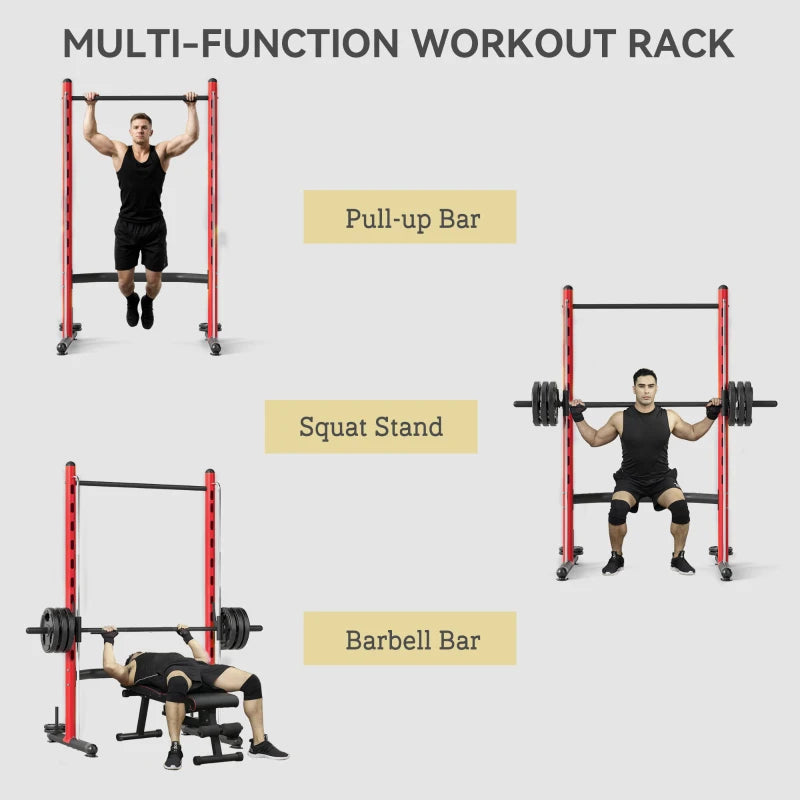Adjustable Squat Rack with Pull-Up Bar & Barbell - Red