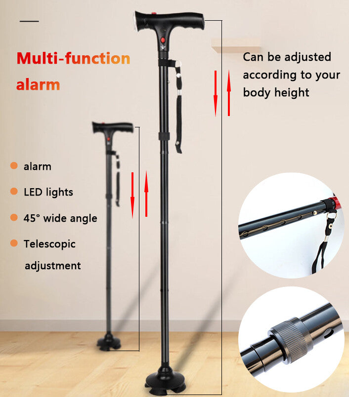 Adjustable Walking Stick Cane with LED Light & SOS Alarm - Black