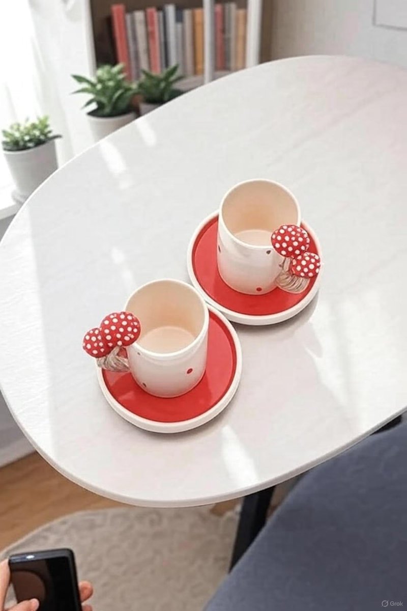 Handmade Ceramic Coffee Cup Set with Mushroom Handles - Rustic Kitchen Decor