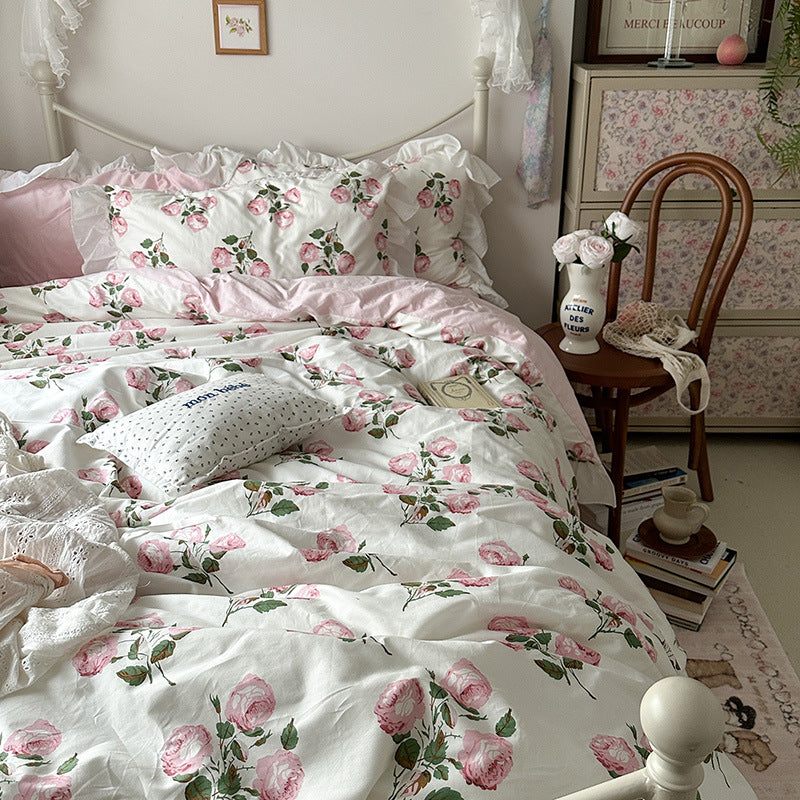 Princess Style Ruffled Cotton Bed Sheet Duvet Cover Set - Floral Minimalist Bedding