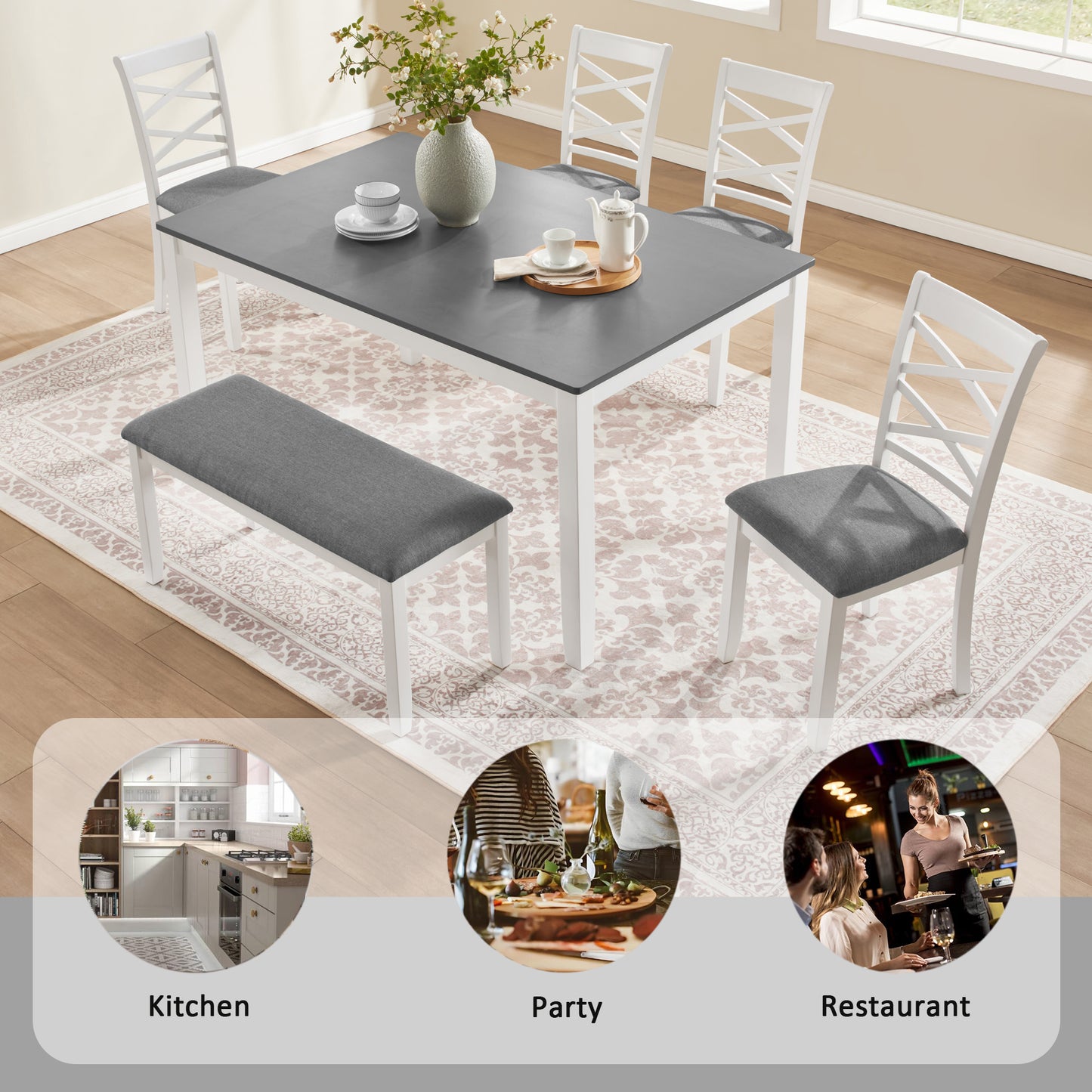 6-Piece Modern Dining Table Set with Bench - Grey & White