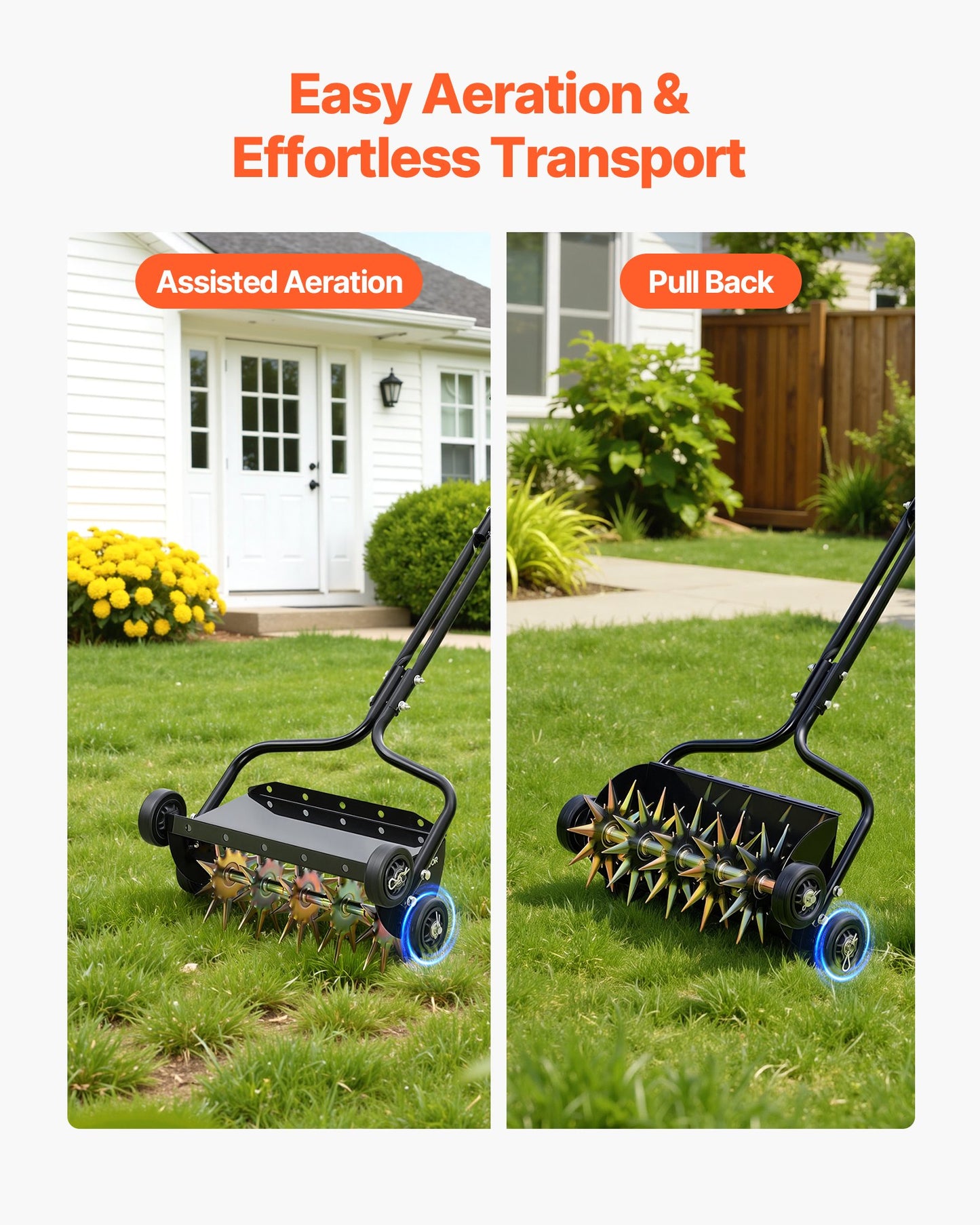 Manual Lawn Aerator Spike Tool with 4 Wheels & Handle - Heavy Duty Garden Soil Aeration