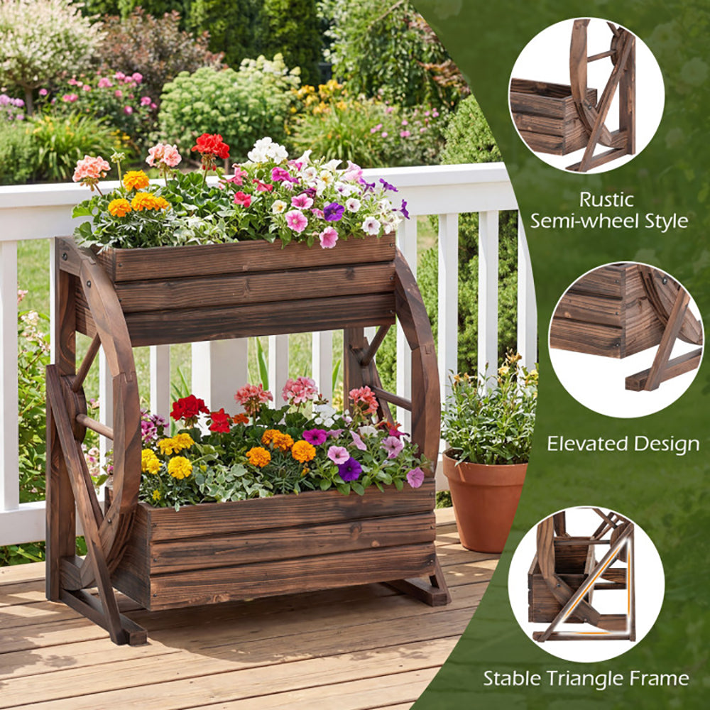 2-Tier Rustic Wooden Garden Bed with Drainage Holes - Coffee