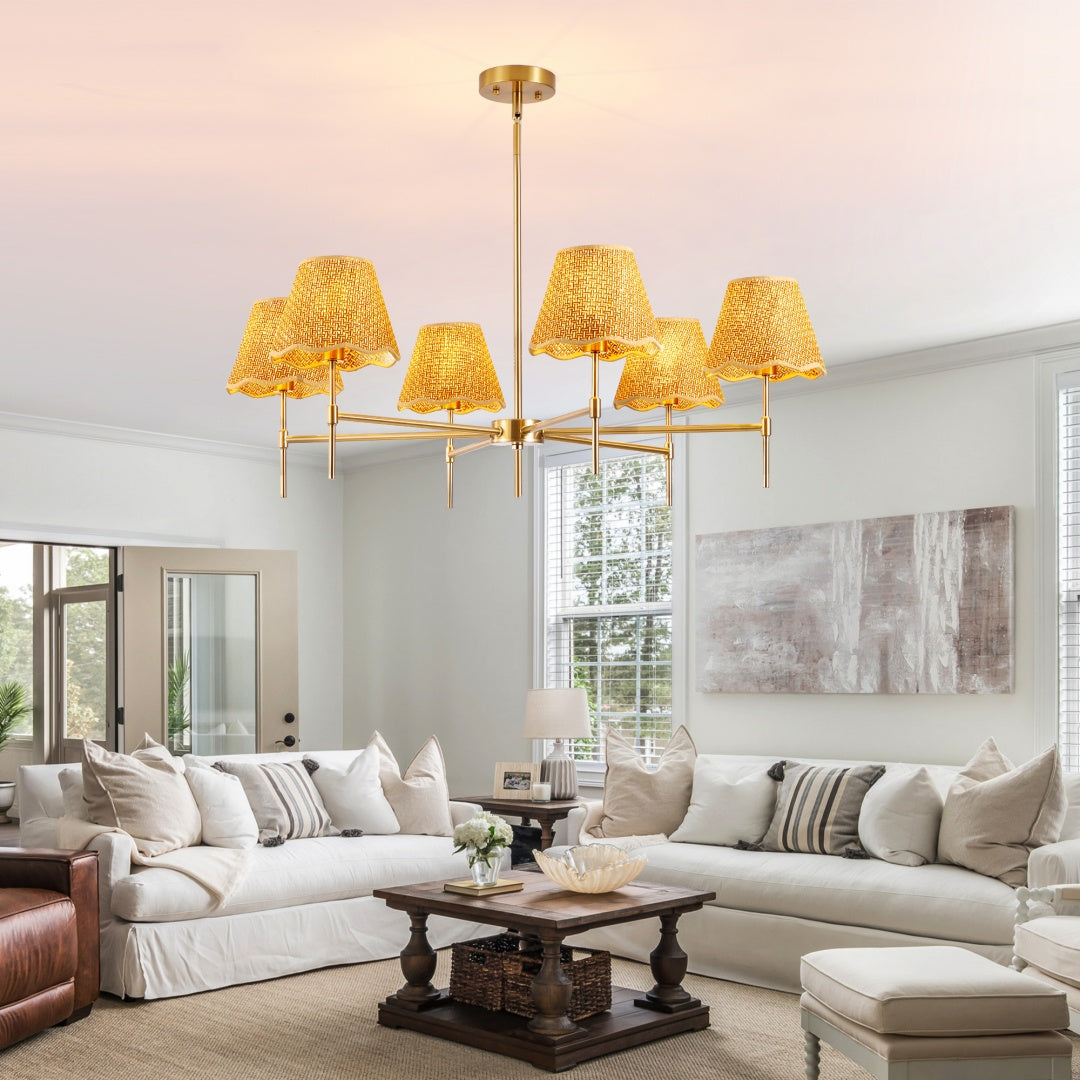 Boho Rattan Chandelier 6-Lights Pendant Light for Kitchen & Living Room