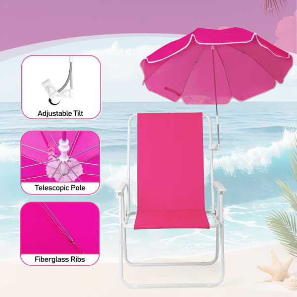 Folding Beach Chair with Detachable Umbrella - XL Size, Pink
