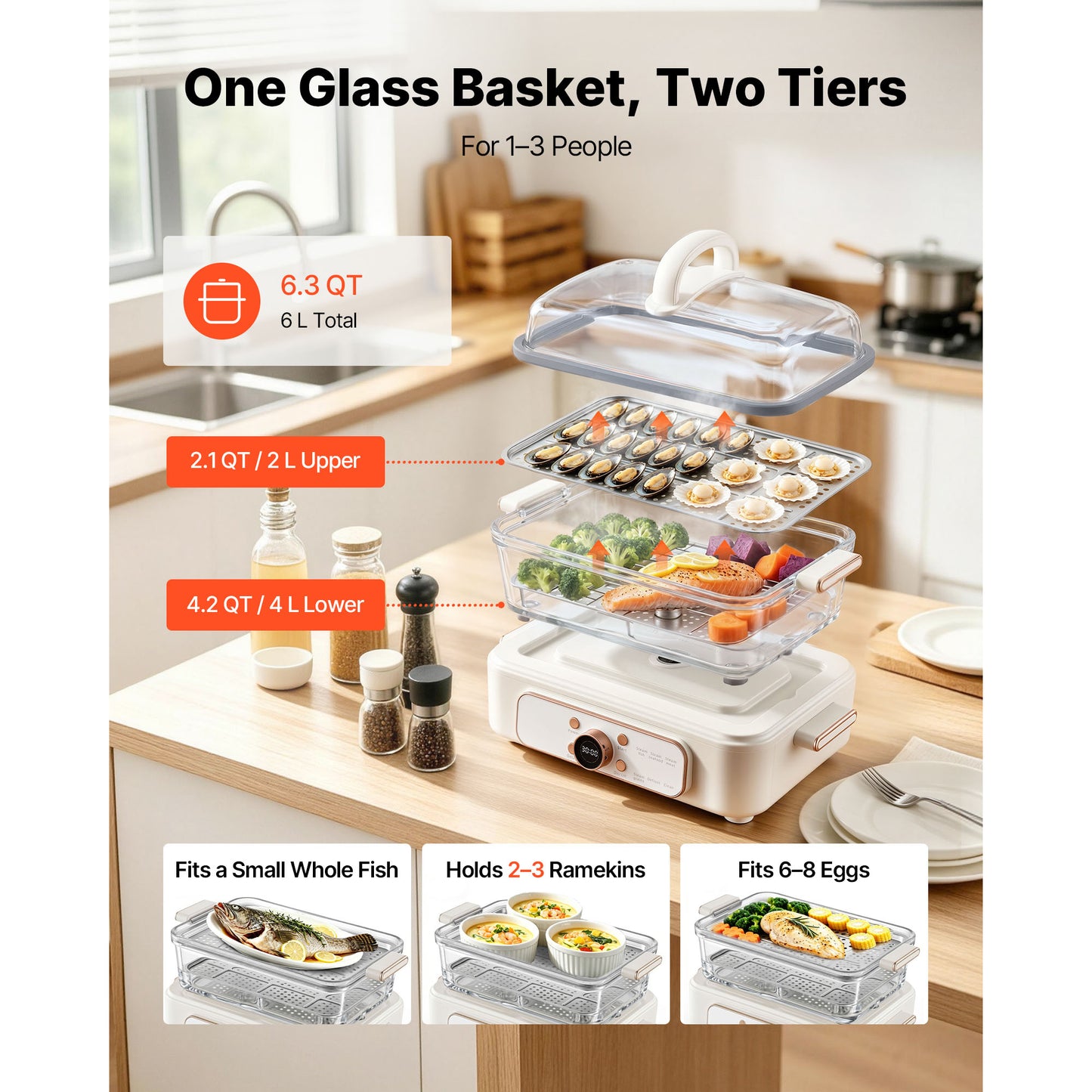 Electric Food Steamer 6.3 Qt with Glass Lid, 2-Tier Stainless Steel Trays, 1200W for Veggies Seafood Rice