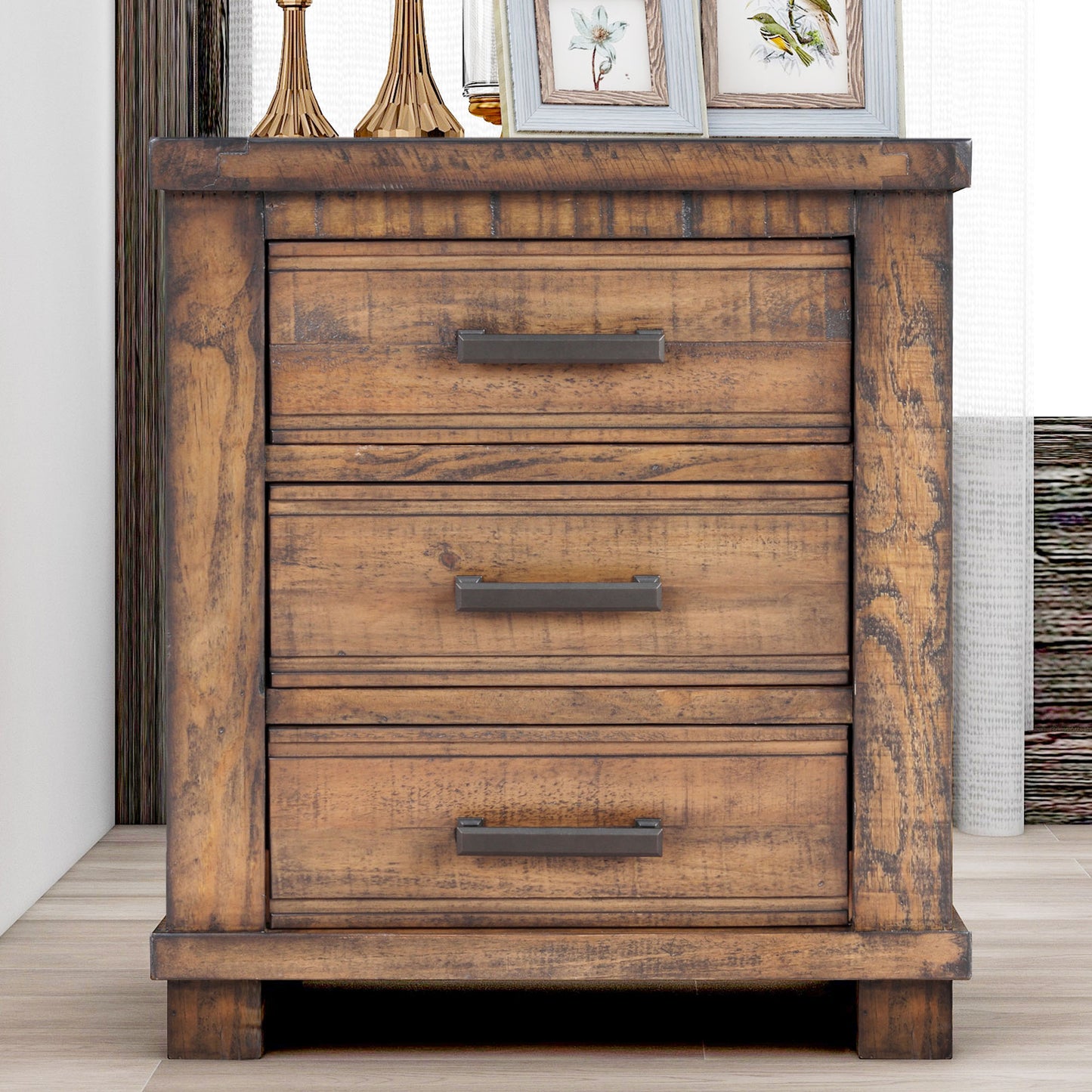 Rustic Three Drawer Reclaimed Solid Wood Farmhouse Nightstand