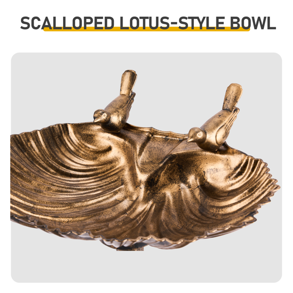 Antique Bronze Resin Bird Bath with Shell Edge and Solar Fountain - Outdoor Garden Decor