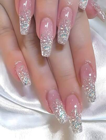 Long Coffin-Shaped Glitter Nail Stickers Kit with Nail File & Glue - 24 Pieces