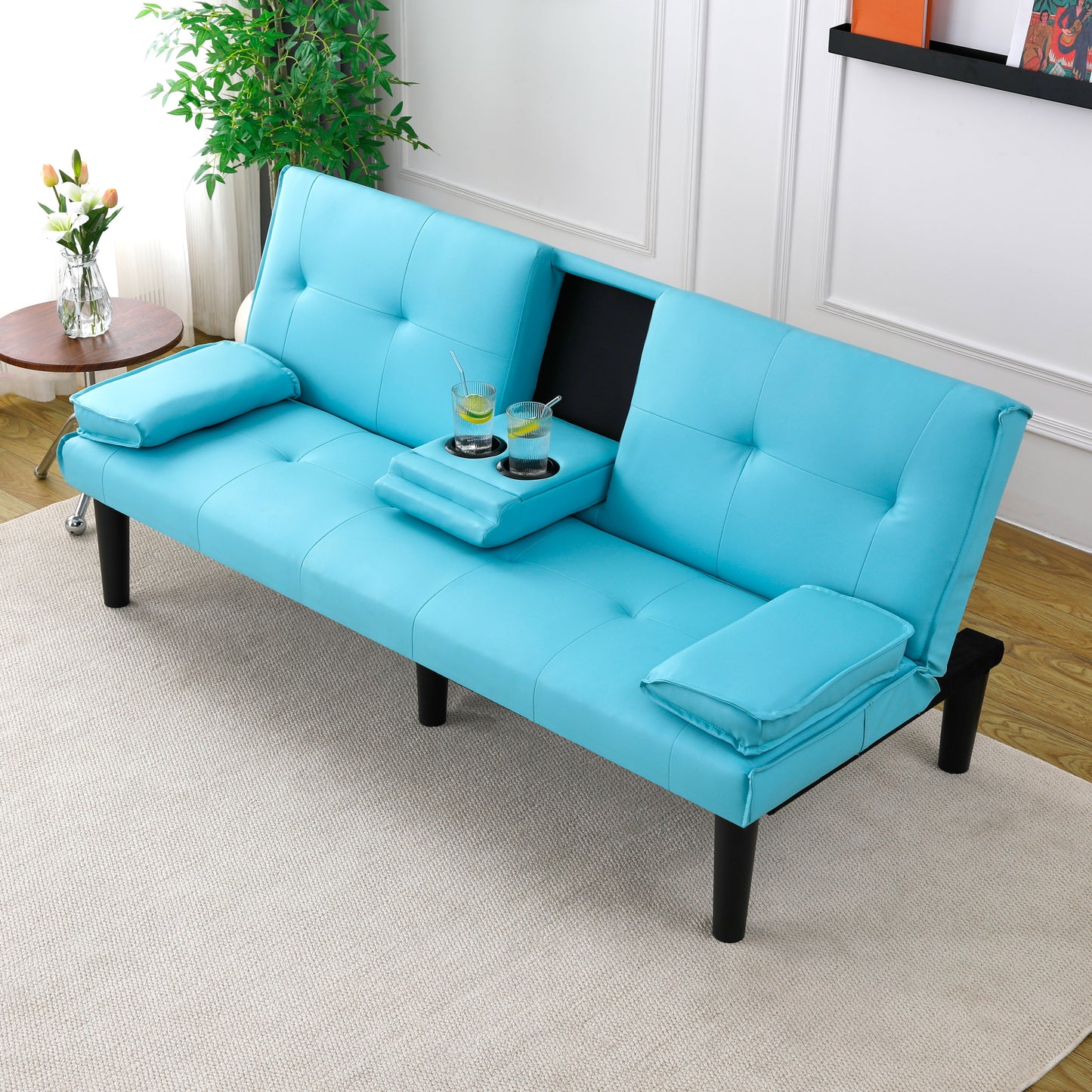 67-Inch Blue PVC Multi-Functional Sofa Bed with Cup Holder