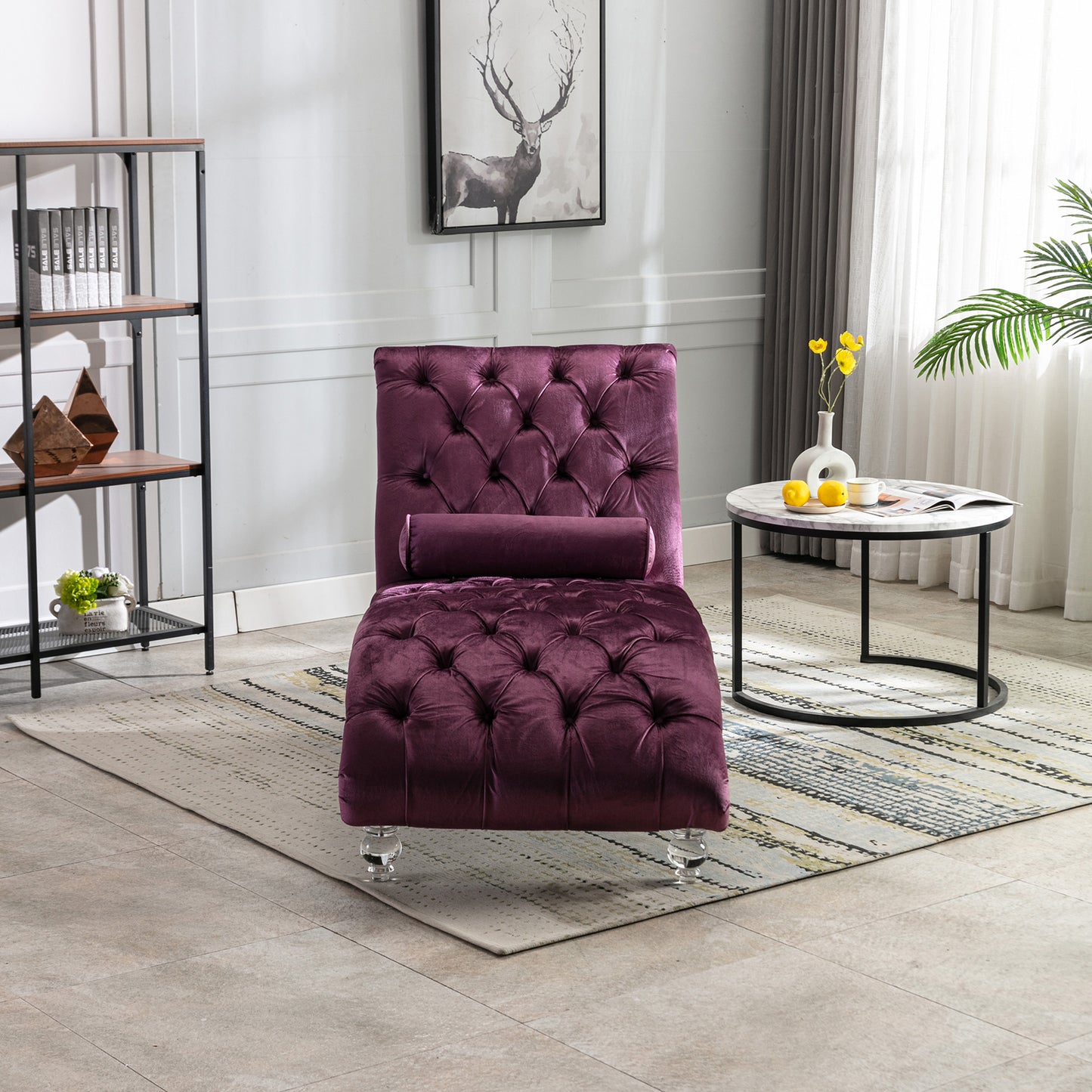 Purple Velvet Chaise Lounge Chair - Button-Tufted with Pillow