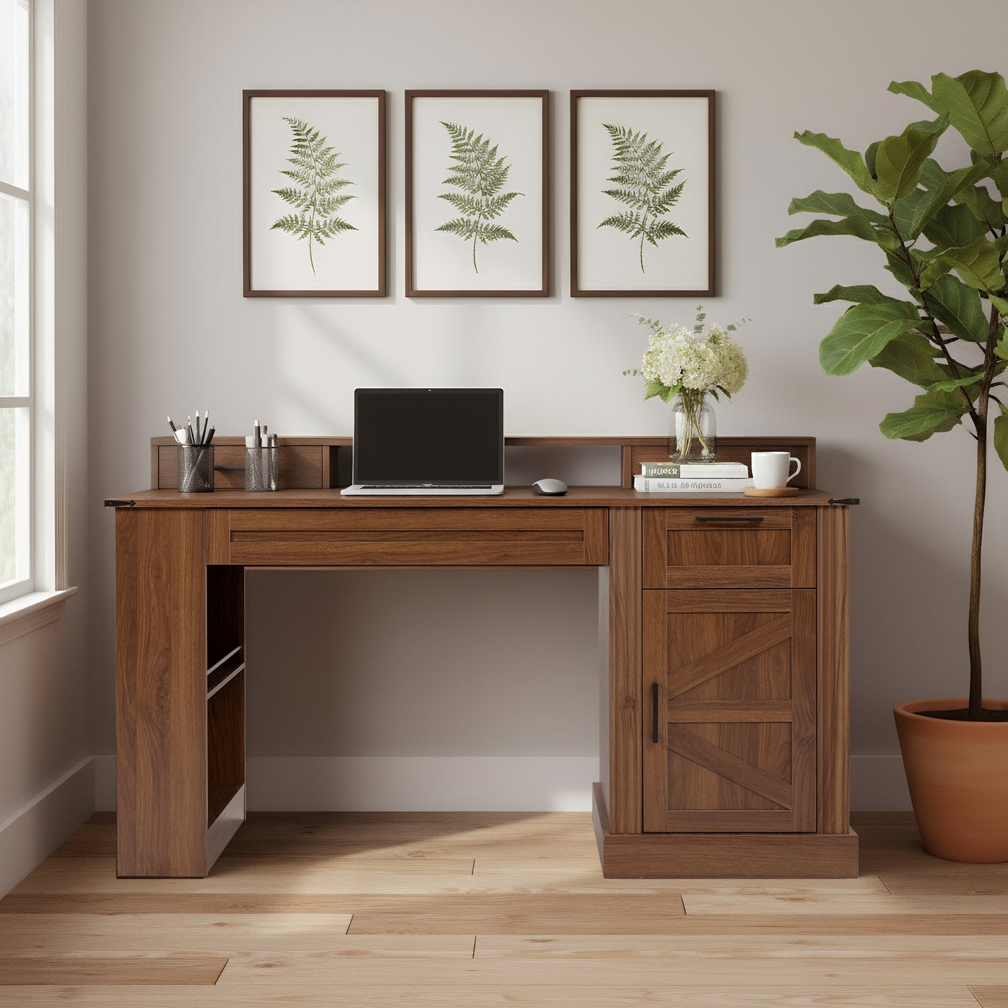 55" Farmhouse Office Desk with Storage & Charging Station - Dark Walnut