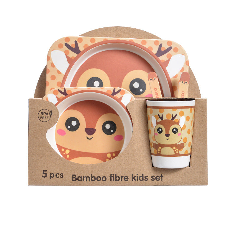 Baby Bamboo Tableware Set 5pcs - Cartoon Childrens Dinnerware for Kids