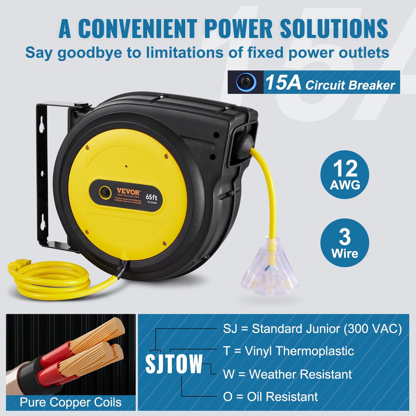 Heavy Duty 65FT Retractable Extension Cord Reel with 3-Outlets - Water-Resistant Power Cord
