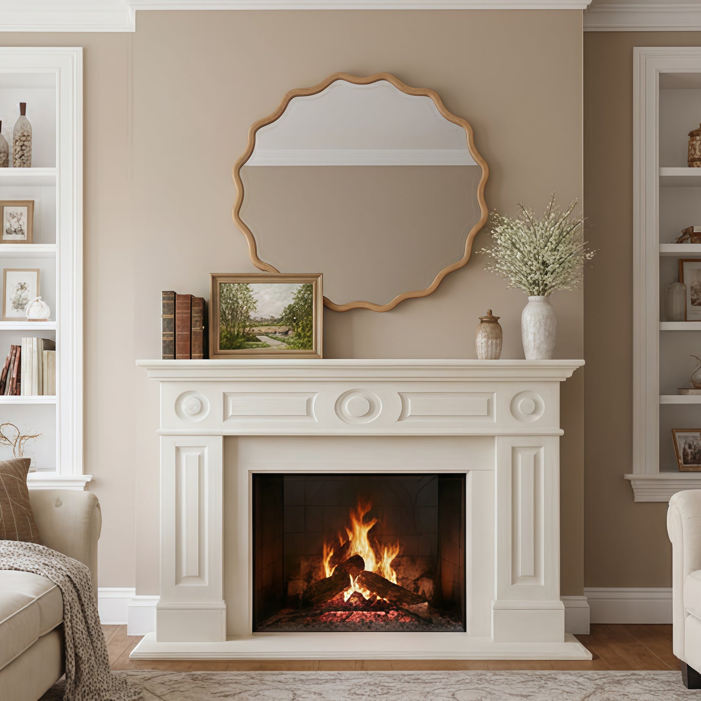 36 Inch Wavy Round Solid Wood Frame Decorative Mirror - Natural Wood