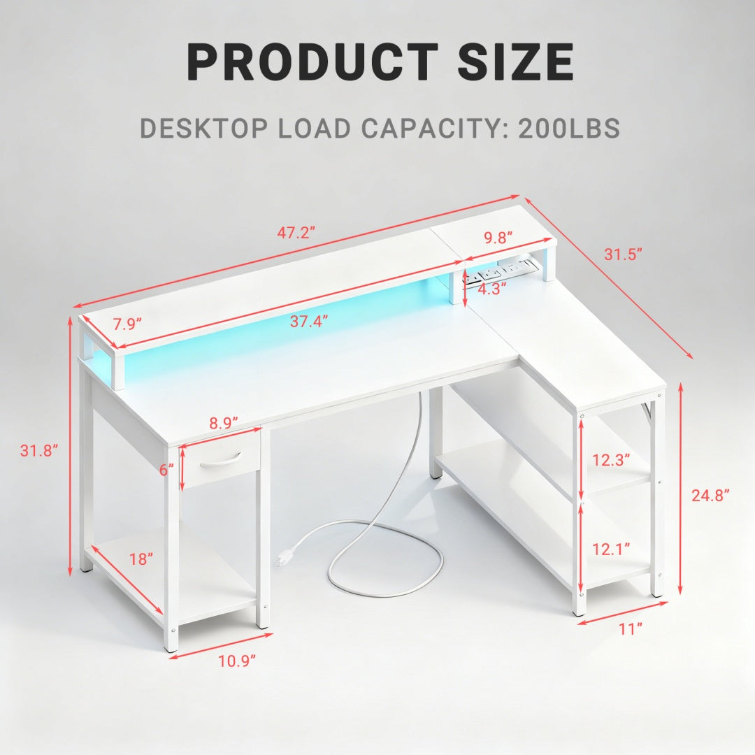 L-Shaped Gaming Table with USB Charging & LED Light