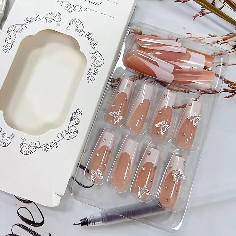 Long Square Press-On Nails - Butterfly & Diamond Design 24 Piece Set