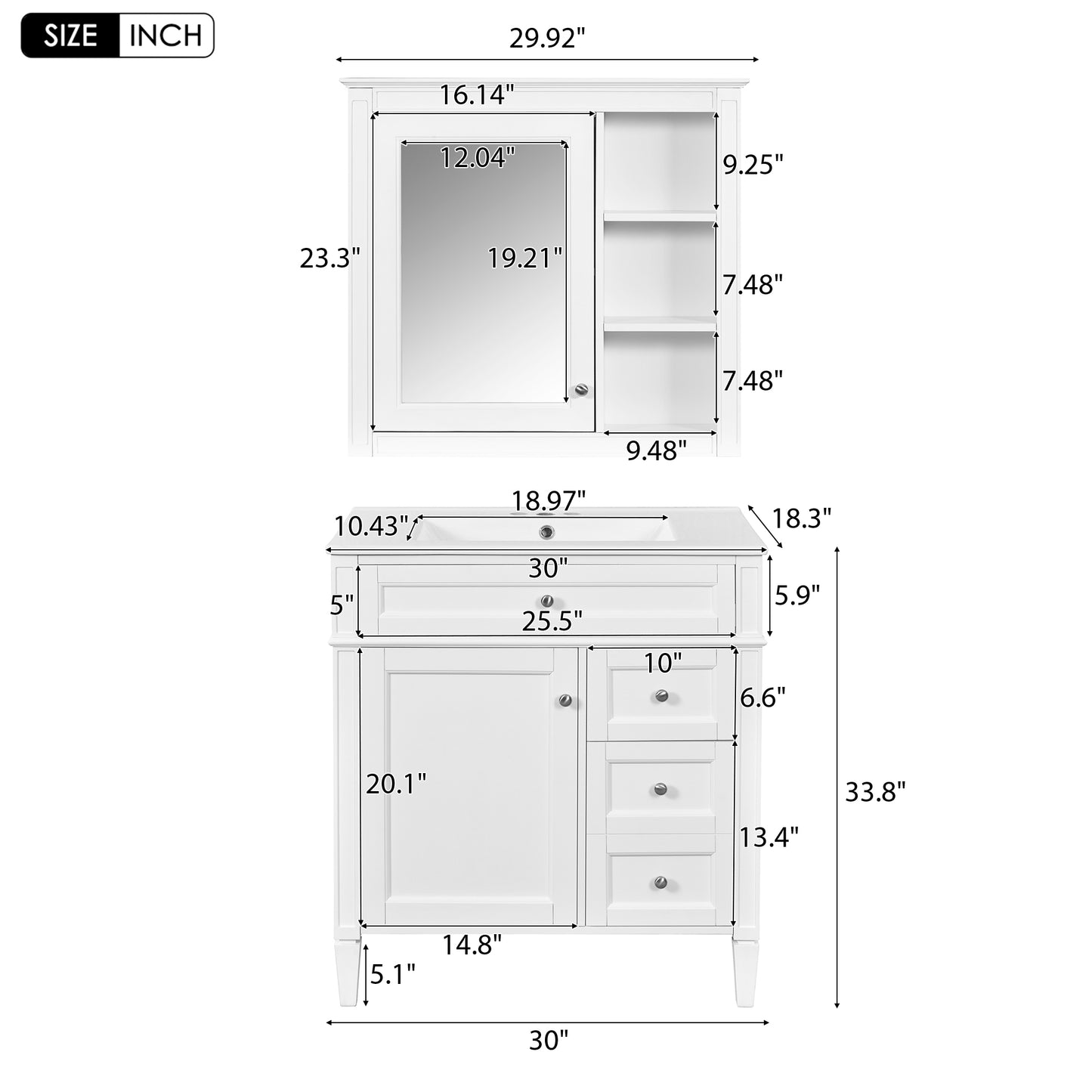 30'' Modern Bathroom Vanity with Sink & Mirror Cabinet - White