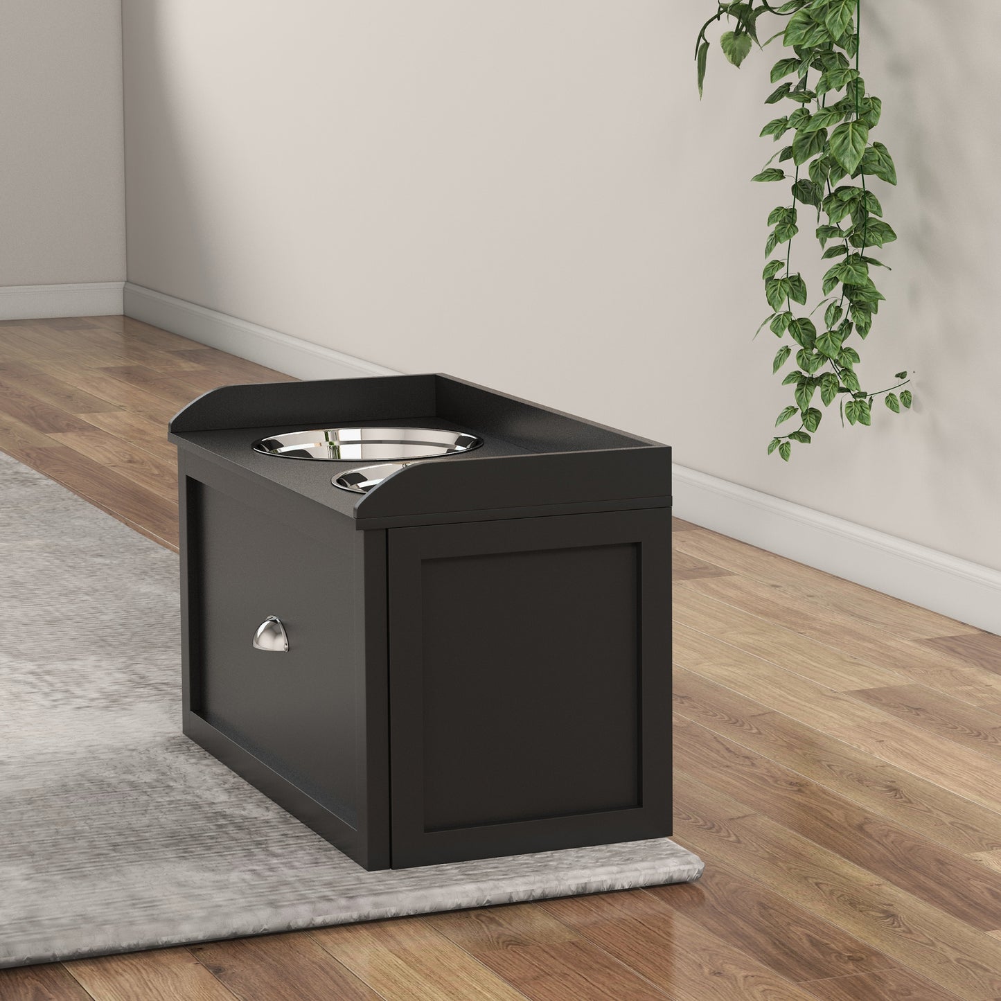 Elevated Dog Feeding Station with Storage - Large Size Black Pet Bowl Set