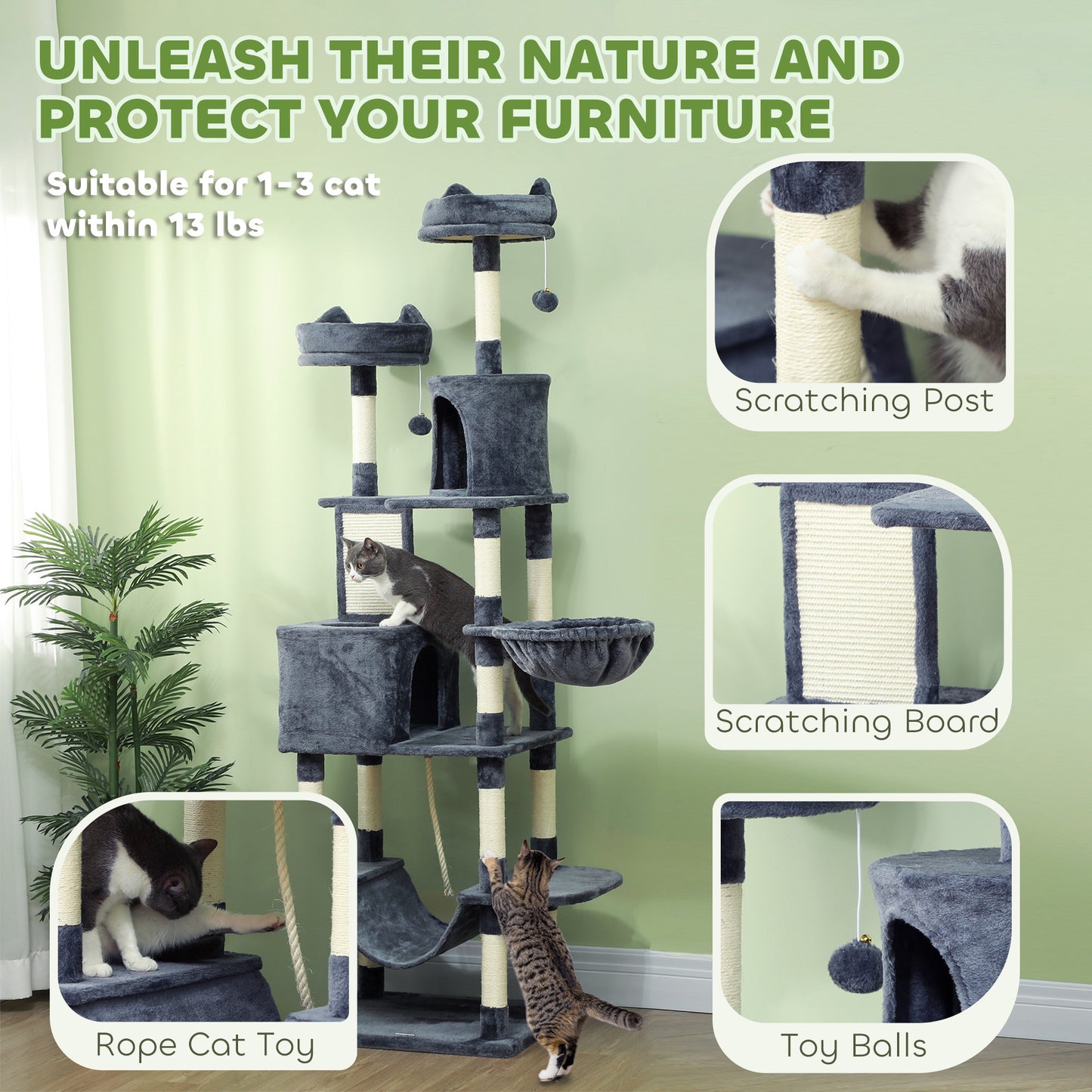 Large Cat Tree Tower with Scratch Posts, Condos, Hammocks & Toys - Gray