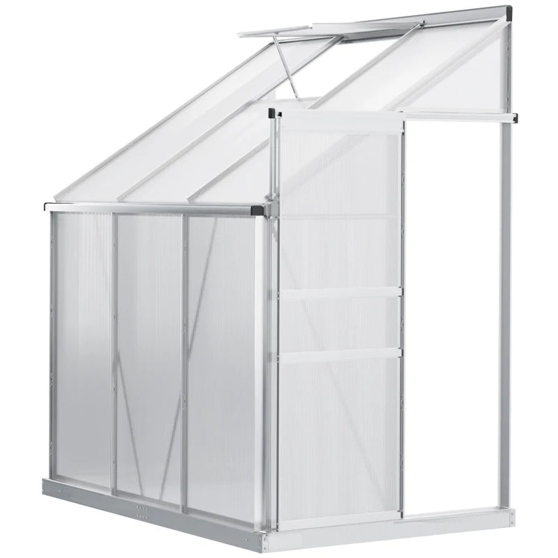 6' x 4' Aluminum Lean-To Greenhouse with Polycarbonate Panels, Adjustable Roof Vent & Rain Gutter