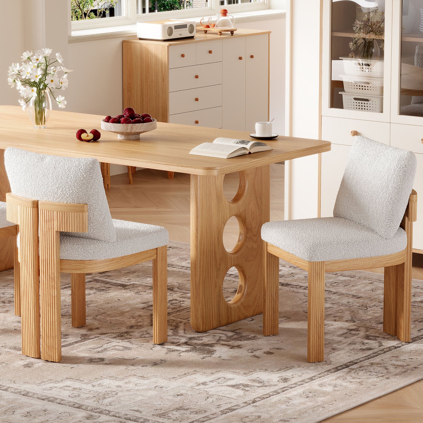 Indoor Boucle Dining Chair Set of 2 - Plush Beige Rubber Wood