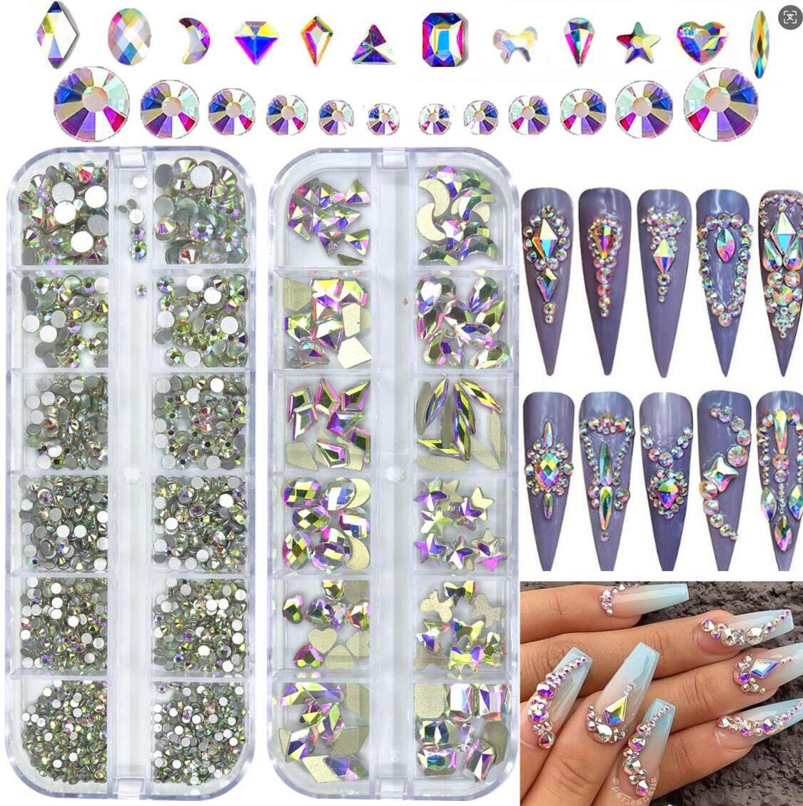 12-Grid Crystal Nail Art Decoration Set - Water Drop & Heart Shapes
